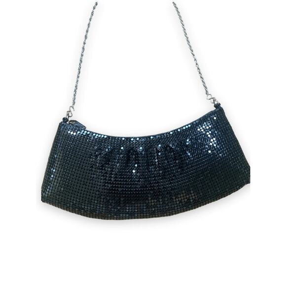 90s Cache Black Sequin Mini Baguette Bag Silver Chain Handle Evening Purse Small - Picture 3 of 8